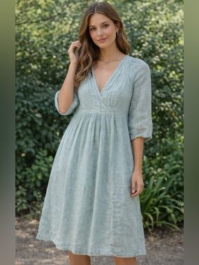 Sundance 100% Linen Dress Sage Green Midi Boho Cottagecore Romantic PXS